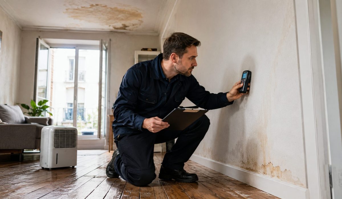Professionnel vérifiant l’humidité d’un mur dans un logement après un dégât des eaux