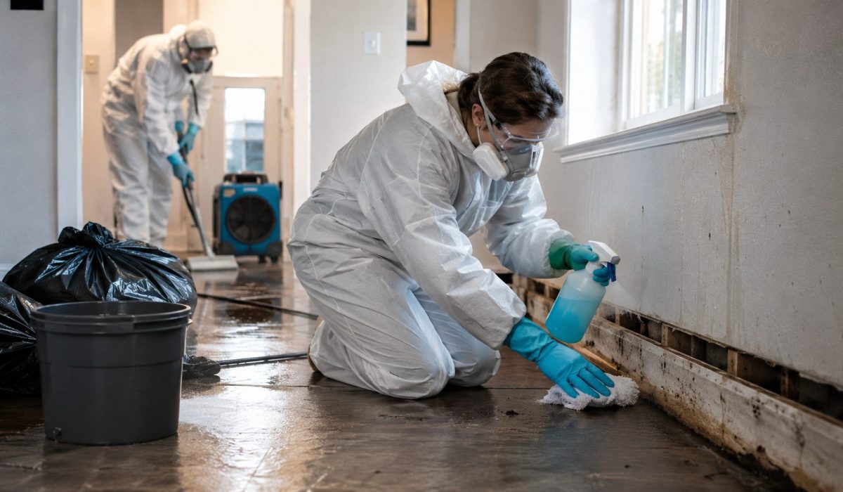 Techniciens en combinaison de protection désinfectant une pièce humide après un sinistre pour éliminer les bactéries