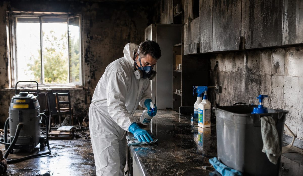 Professionnel désinfectant un logement après un incendie avec combinaison de protection, masque respiratoire et produits de nettoyage dans une cuisine noircie par la suie