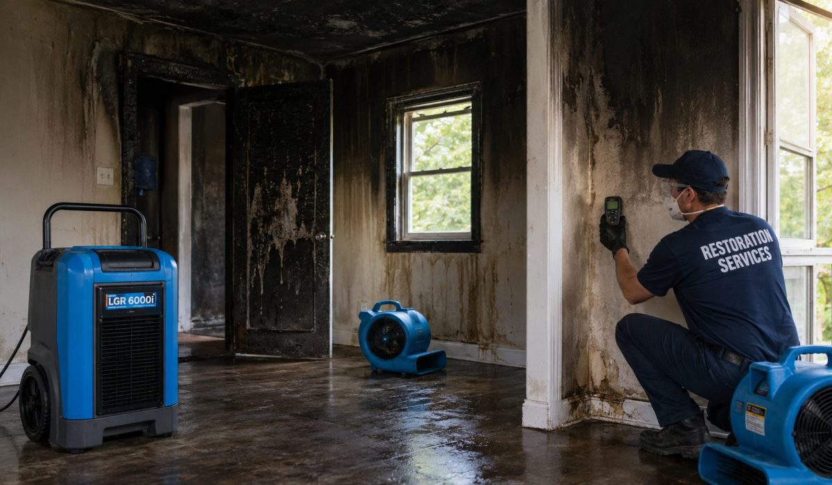 Technicien contrôlant l’humidité dans une maison endommagée par un incendie avec déshumidificateurs et ventilateurs pour éviter les moisissures.