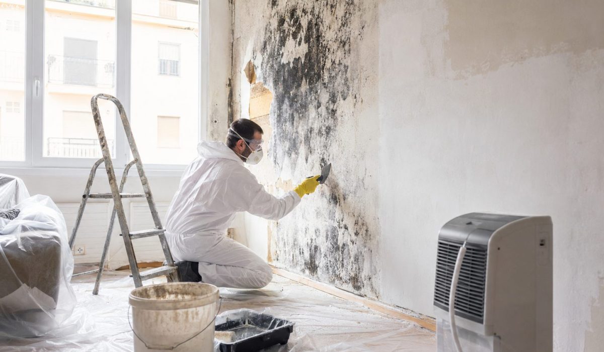 Professionnel équipé d’un masque et de gants traitant un mur touché par des moisissures avant rénovation intérieure
