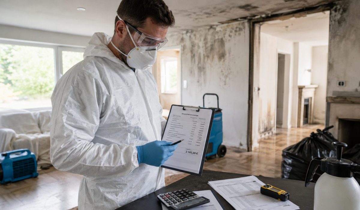 Technicien en combinaison de protection établissant un devis de désinfection après sinistre dans un logement endommagé