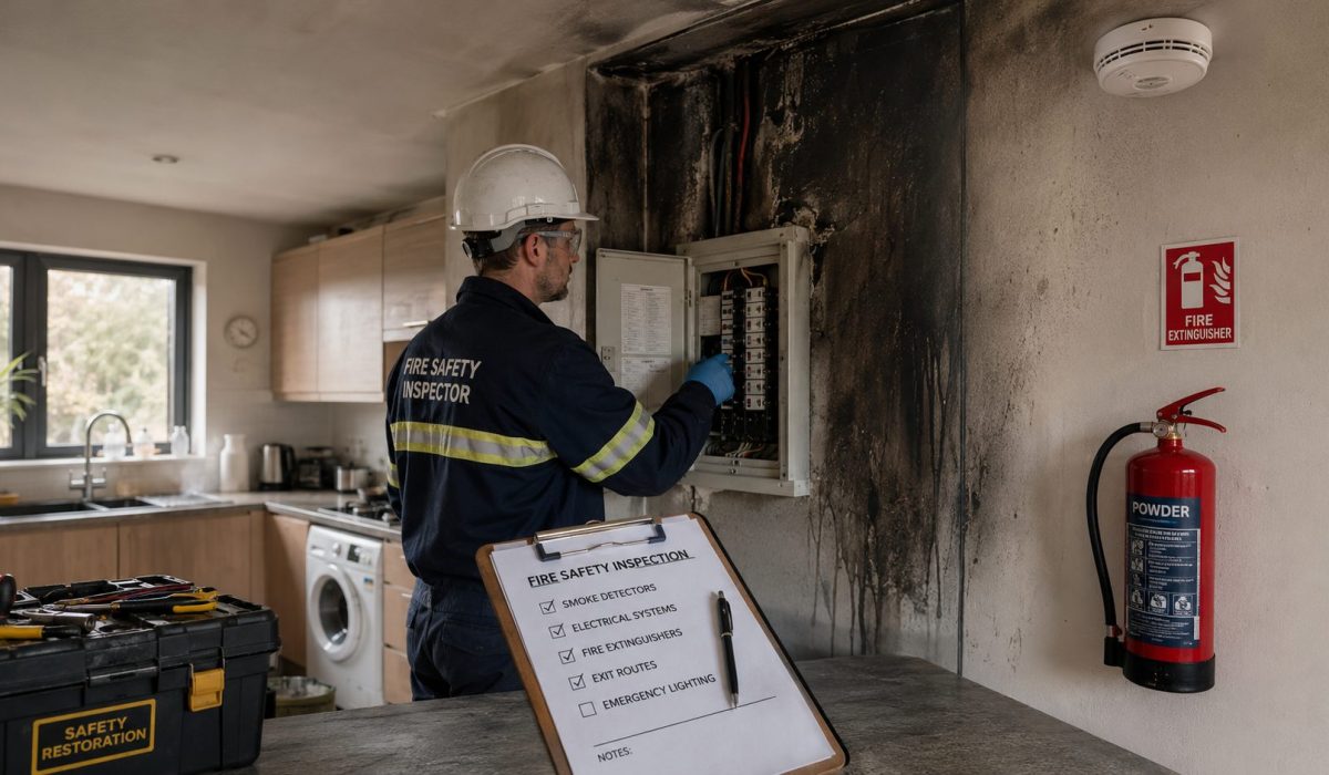 Technicien inspectant un tableau électrique après un incendie pour prévenir les récidives et sécuriser le logement