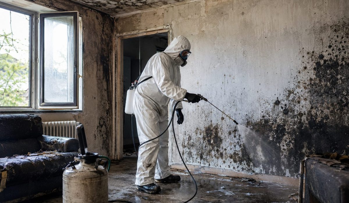 Technicien en combinaison de protection désinfectant une pièce contaminée après un sinistre avec moisissures et traces d’humidité