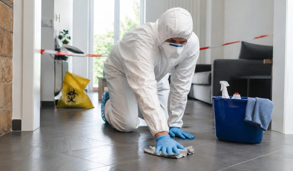 Professionnel en combinaison de protection nettoyant un sol carrelé après un décès dans un logement
