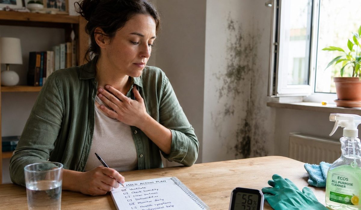 Femme stressée organisant un plan d’action après la présence de moisissures dans son logement