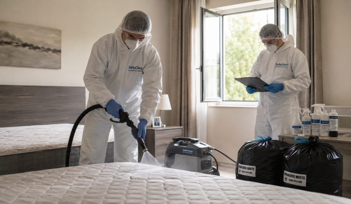 Deux professionnels en combinaison de protection réalisent une désinfection spécialisée après un décès dans une chambre