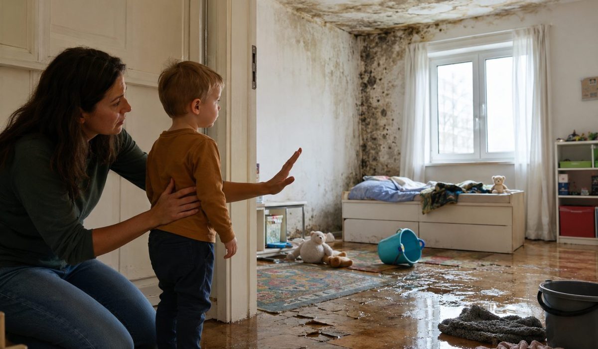 Enfant tenu à l’écart d’une chambre abîmée par un dégât des eaux avec moisissures, sol humide et risques pour la santé