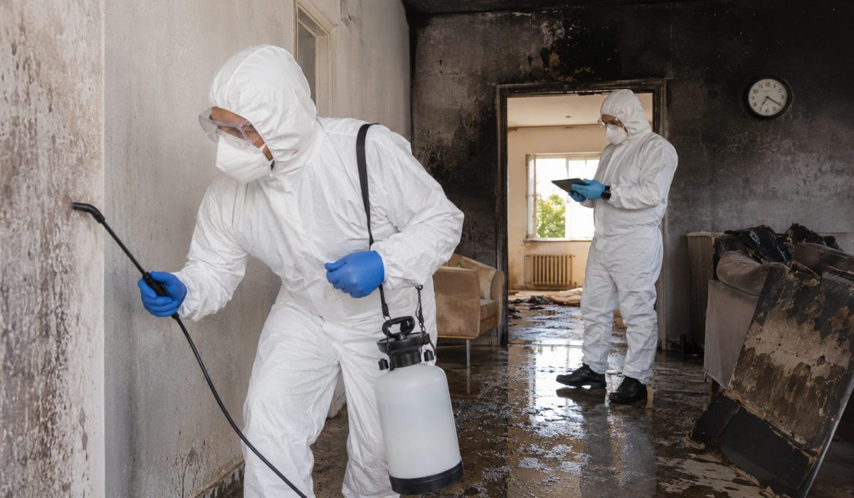 Techniciens en combinaison de protection réalisant une désinfection après sinistre dans un logement endommagé par l’eau et la fumée