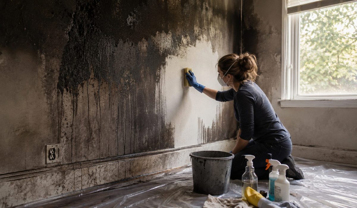Nettoyage d’un mur noirci par la suie après un incendie avec éponge, gants et produits de nettoyage