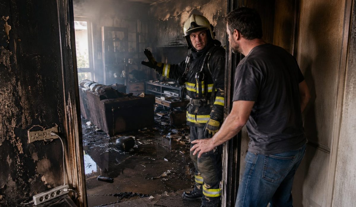 Pompier empêchant un homme d’entrer dans une maison endommagée après un incendie