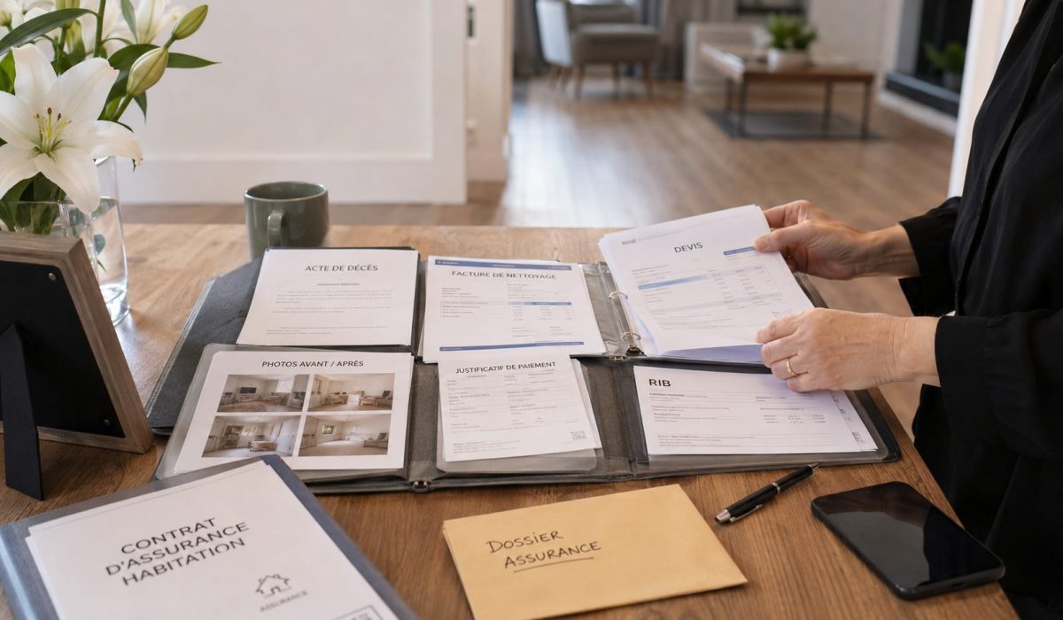 Documents à envoyer à l’assurance après un nettoyage après décès, avec acte de décès, facture, devis, justificatif de paiement et dossier assurance