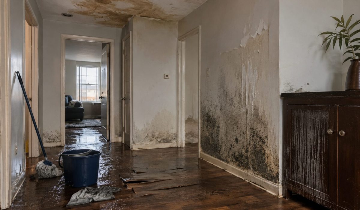 Mauvais nettoyage après un dégât des eaux avec moisissures, sol humide, parquet déformé et murs abîmés par l’humidité