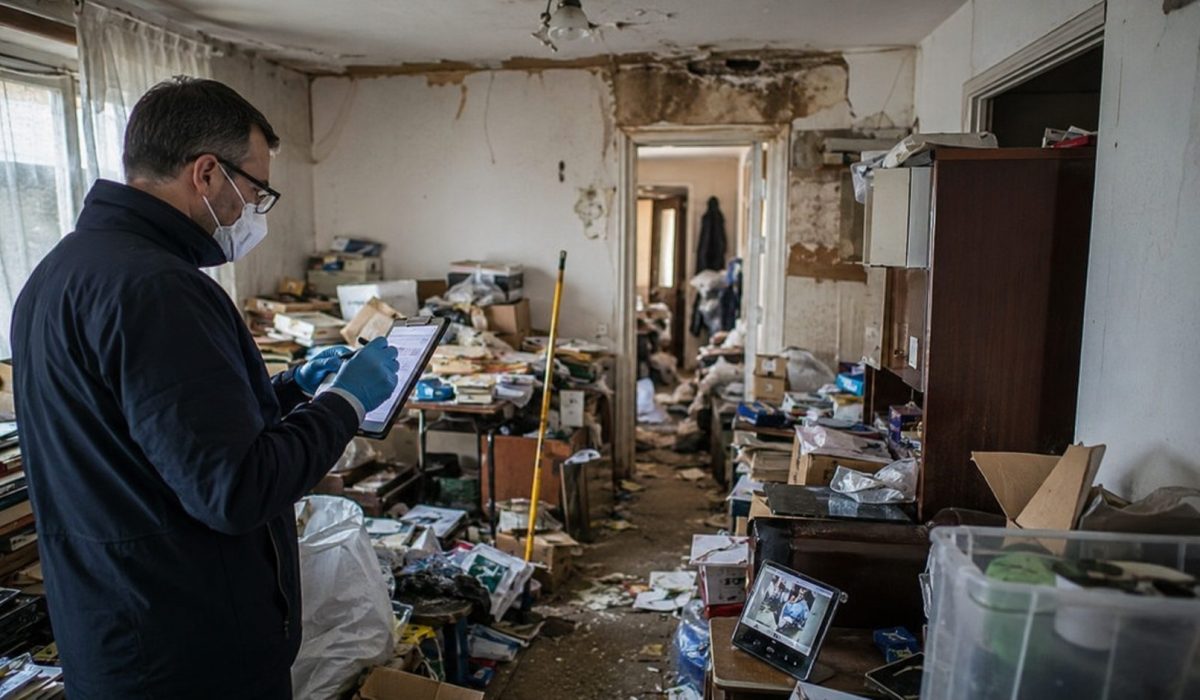 Expert d’assurance inspectant un logement encombré et dégradé après un syndrome de Diogène