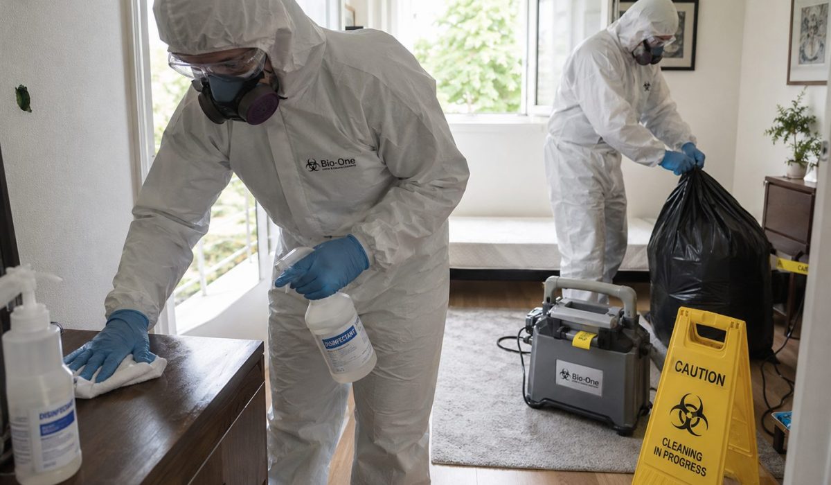 Techniciens en combinaison de protection désinfectant un logement après un nettoyage après décès