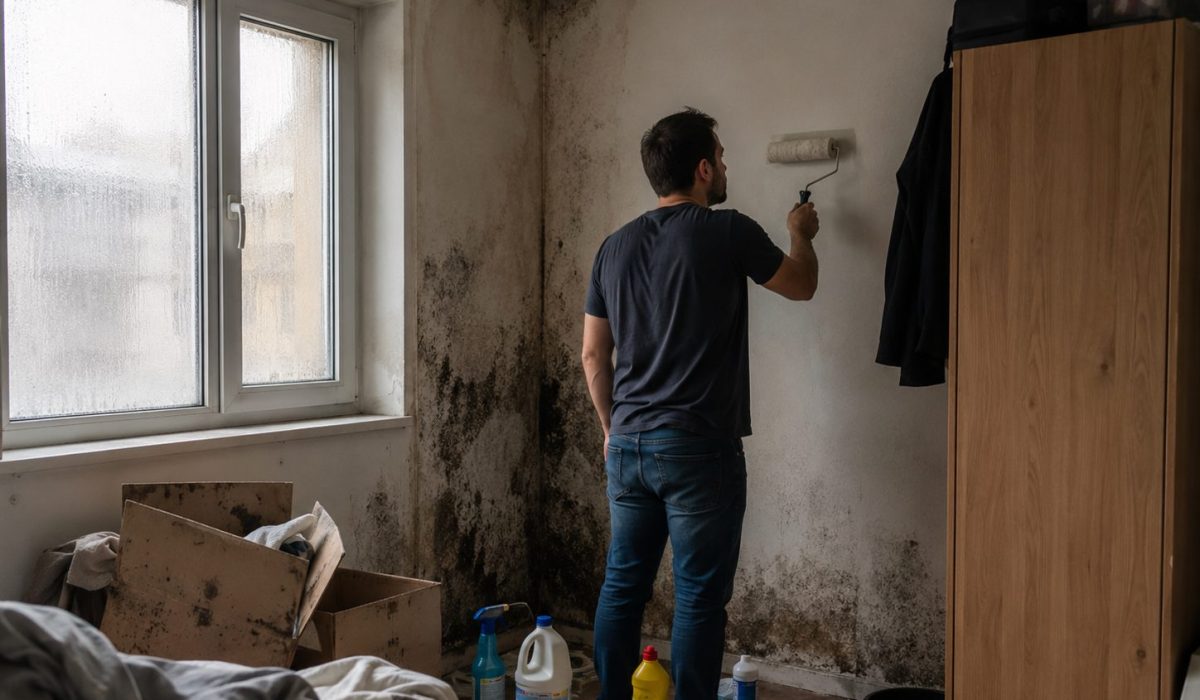 Homme repeignant un mur touché par des moisissures dans une pièce humide avec fenêtre condensée et produits de nettoyage au sol