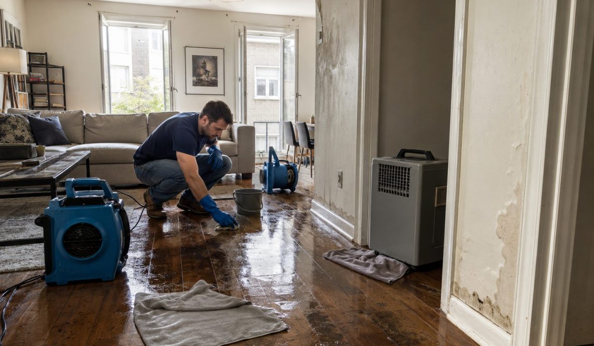 Homme asséchant un logement après un dégât des eaux avec déshumidificateur, ventilateurs et sol humide