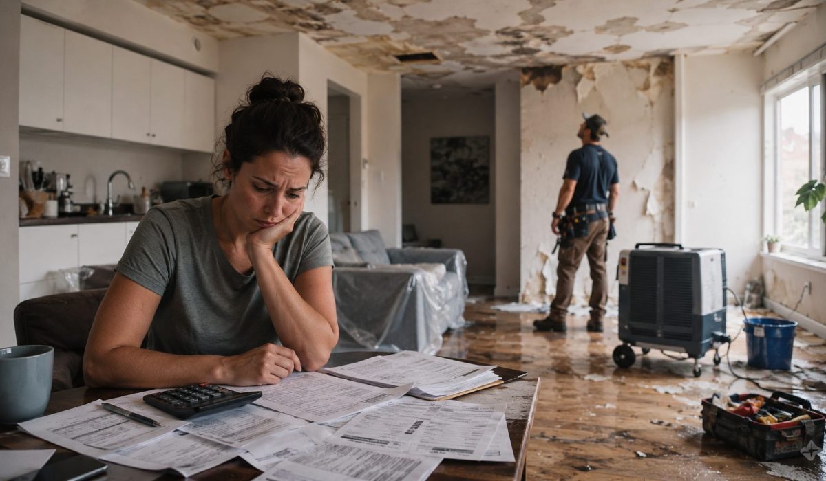 Femme inquiète devant des factures après un dégât des eaux dans un logement endommagé avec plafond abîmé, sol humide et travaux de réparation en cours.