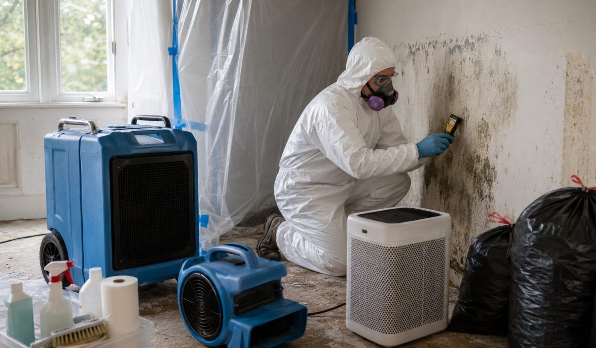 Technicien équipé d’une combinaison de protection inspectant un mur touché par des moisissures avec un humidimètre et du matériel de déshumidification