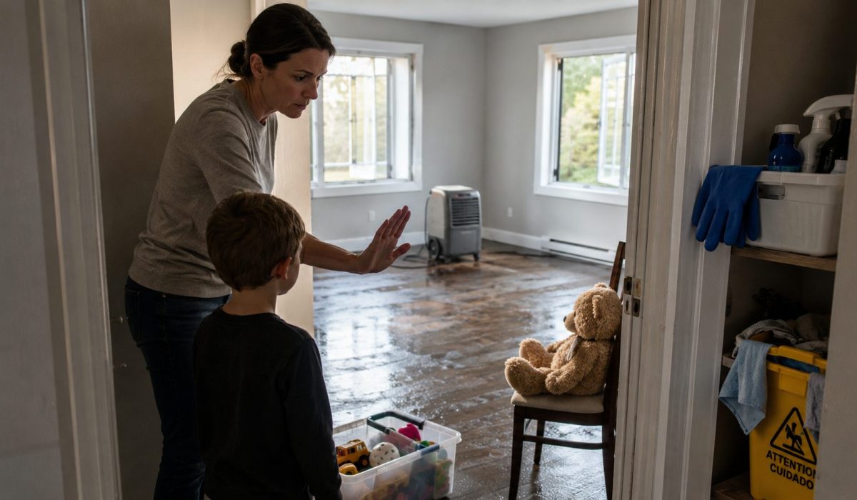 Parent empêchant un enfant d’entrer dans une pièce récemment désinfectée après un sinistre domestique
