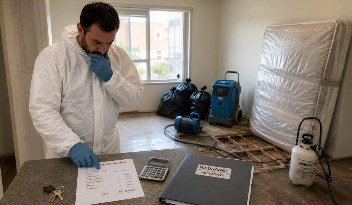 Technicien en combinaison de protection analysant une facture et des documents d’assurance après un nettoyage après décès dans un logement en cours de désinfection