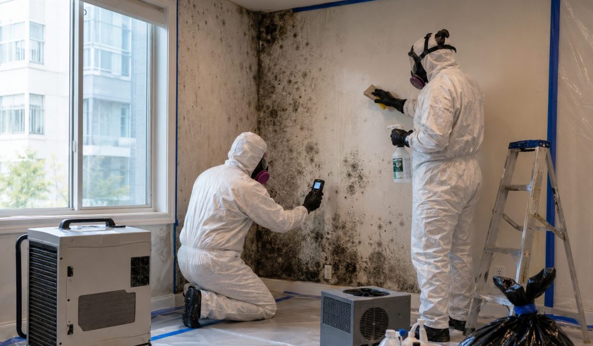 Techniciens en combinaison de protection traitant un mur contaminé par des moisissures dans un logement