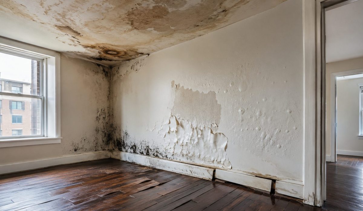 Pièce intérieure avec plafond taché, moisissures, peinture cloquée et parquet déformé après un dégât des eaux persistant