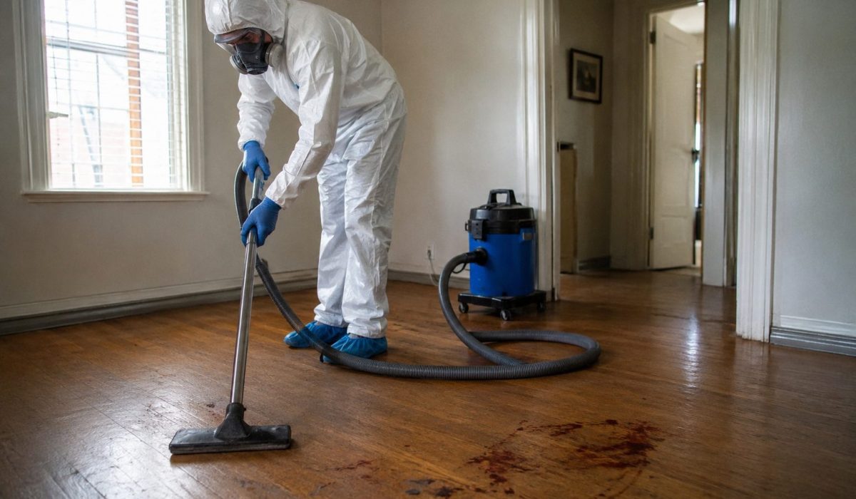 Technicien en combinaison de protection réalisant un nettoyage après décès dans une pièce contaminée