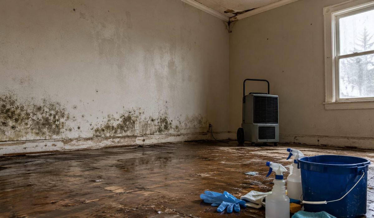 Pièce endommagée par l’humidité avec moisissures, sol mouillé et matériel de nettoyage après une désinfection mal réalisée après sinistre