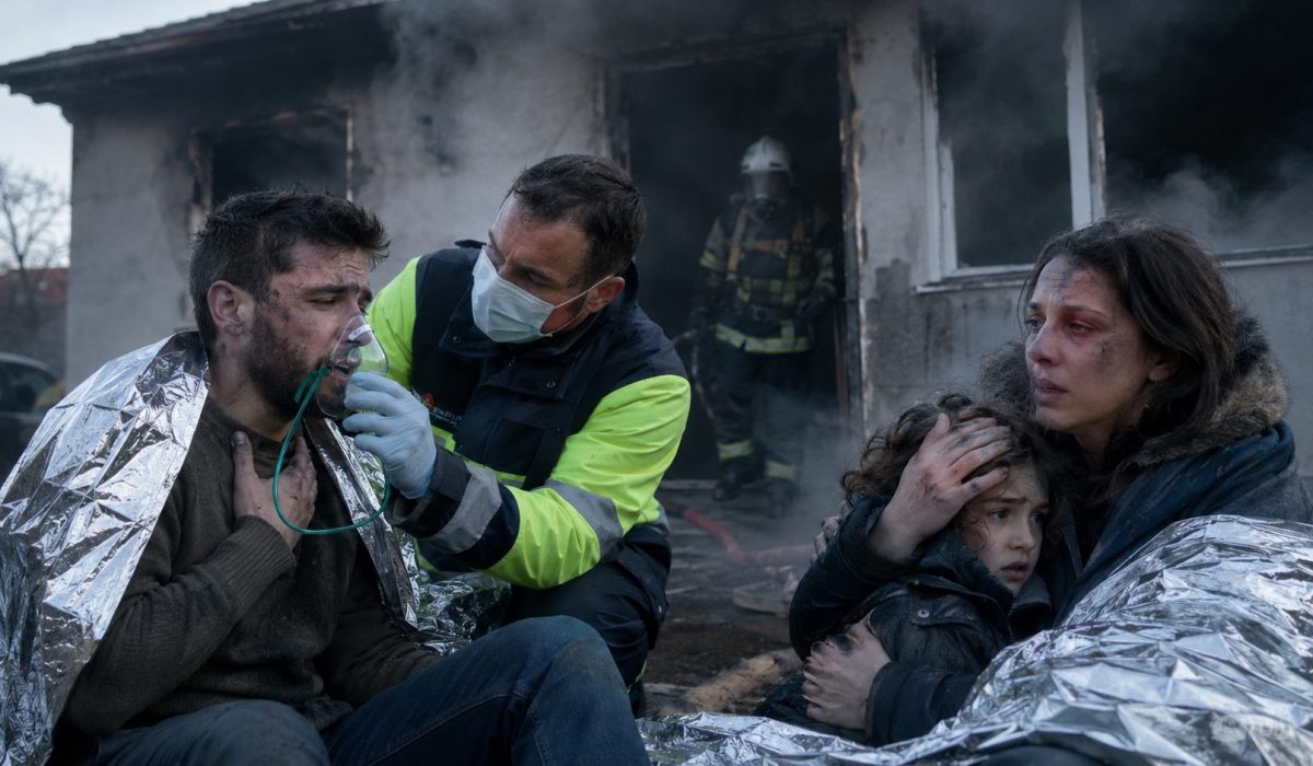 Victimes d’un incendie prises en charge par les secours après inhalation de fumées toxiques devant une maison sinistrée