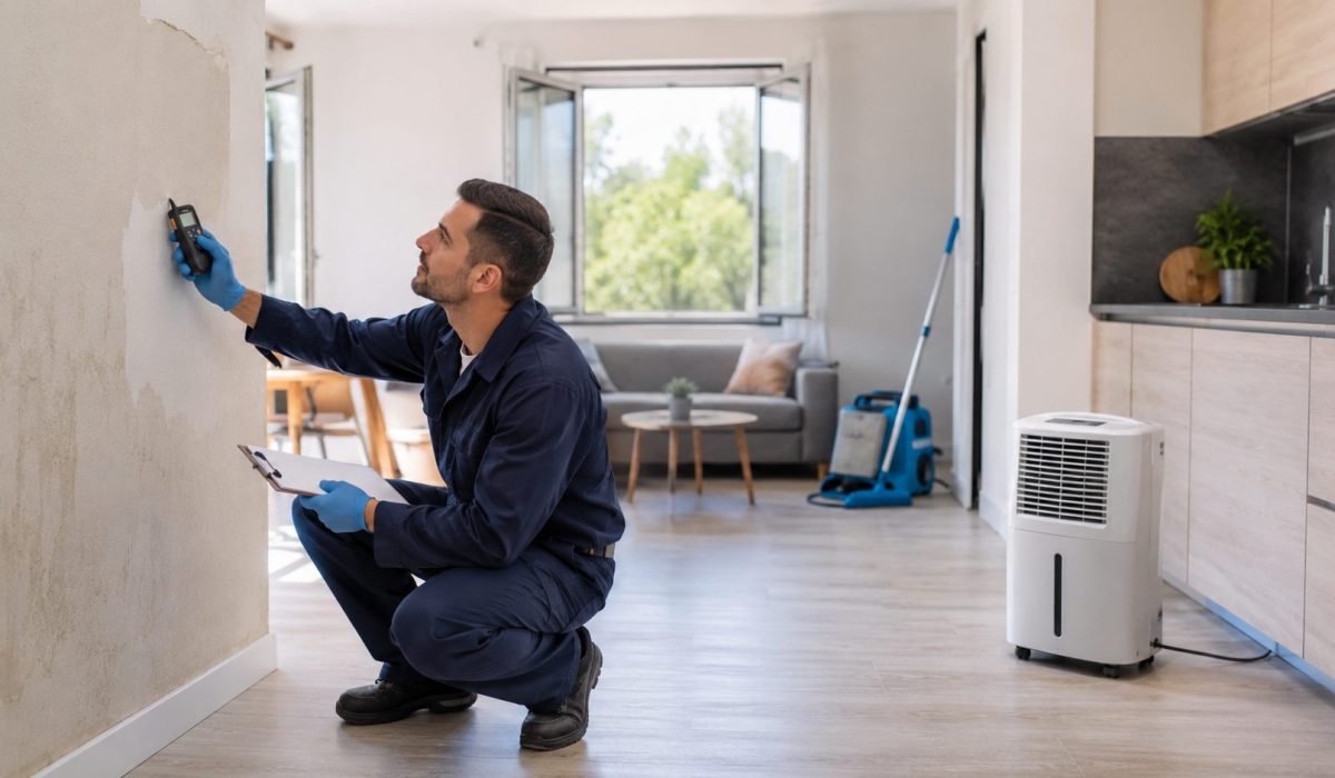 Technicien contrôlant l’humidité d’un mur dans un logement désinfecté après un sinistre pour vérifier la qualité de l’air et la salubrité intérieure