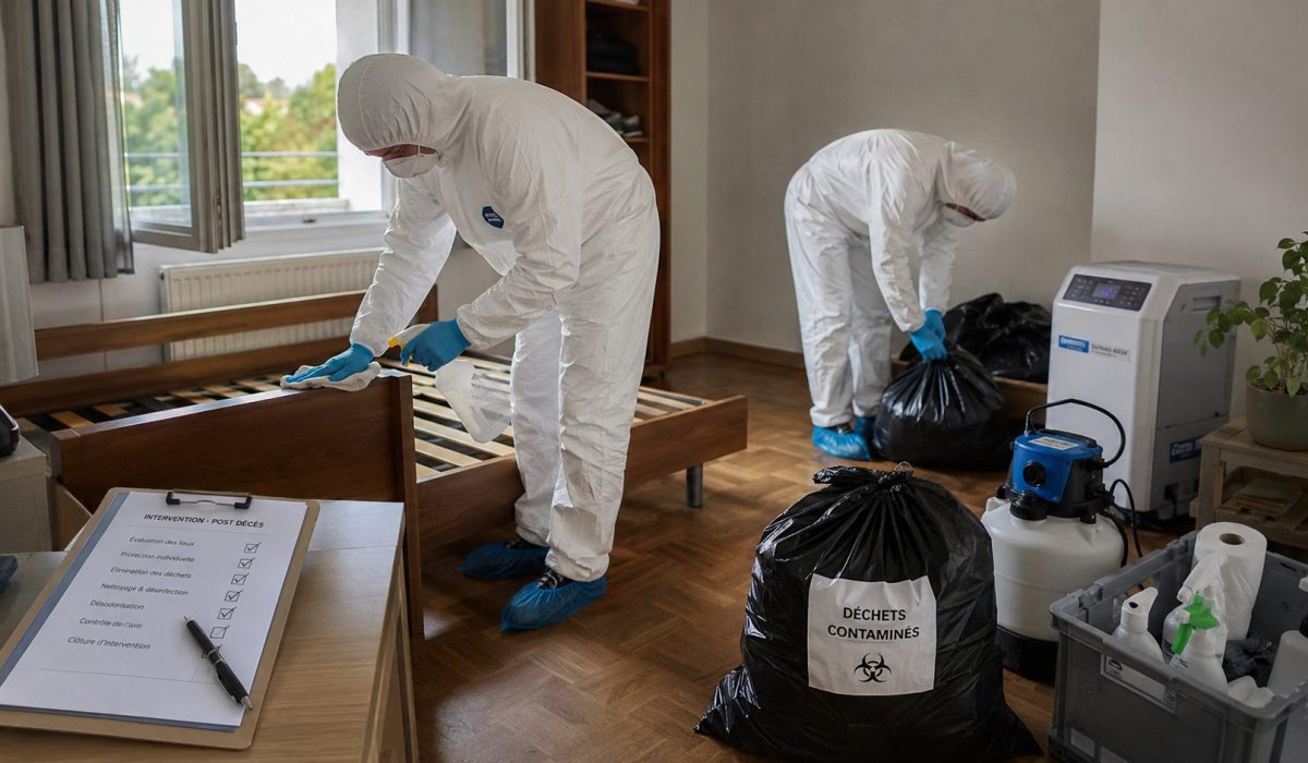 Équipe spécialisée en nettoyage après décès désinfectant un logement avec équipements de protection et matériel professionnel