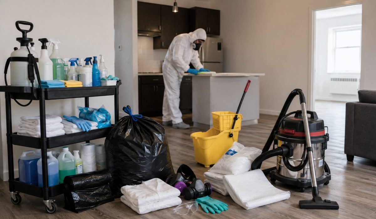 Produits de nettoyage, désinfection et équipements de protection utilisés après un syndrome de Diogène dans un logement