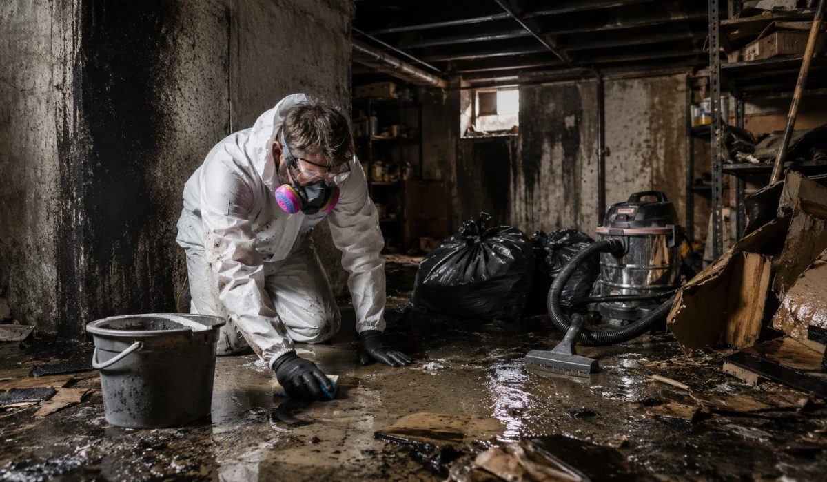 Nettoyage d’une cave après un incendie avec équipement de protection, suie sur les murs et évacuation des déchets