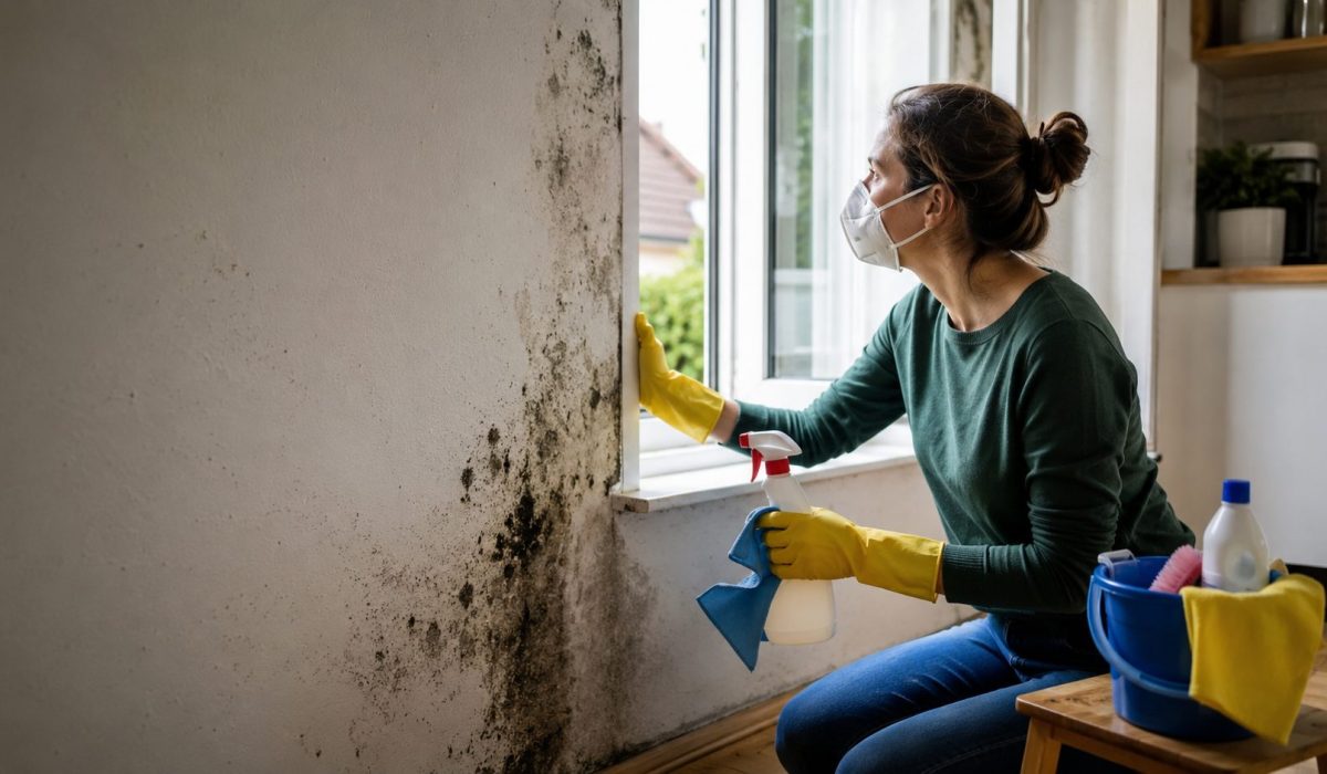 Personne portant un masque et des gants nettoyant des moisissures sur un mur humide près d’une fenêtre ouverte