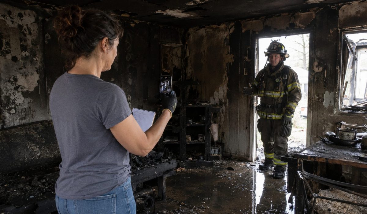 Personne photographiant les dégâts d’un logement après un incendie avec un pompier donnant des consignes de sécurité