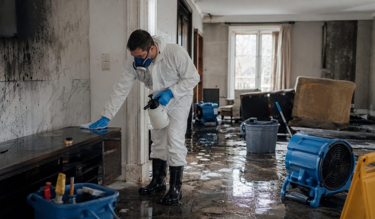 Technicien en combinaison de protection nettoyant et désinfectant un logement après un sinistre avec dégâts des eaux et traces de fumée