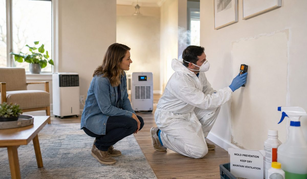 Professionnel équipé inspectant un mur avec un humidimètre après un problème de moisissures dans une habitation saine et ventilée