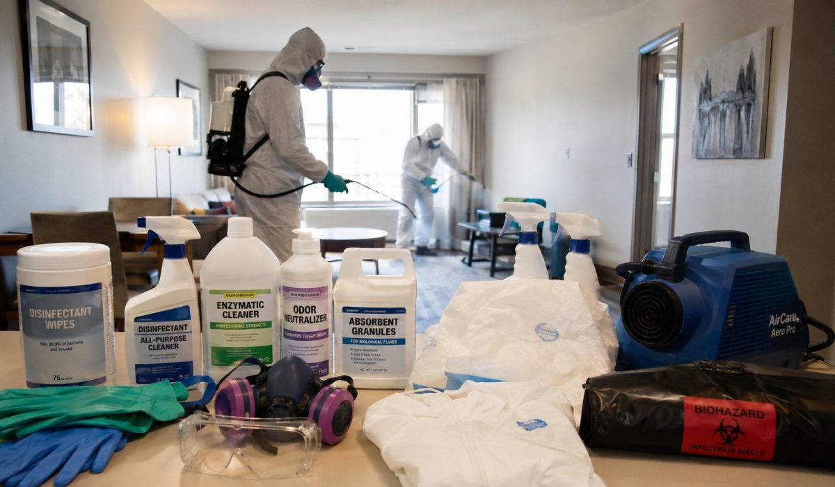 Produits de désinfection, équipements de protection et matériel professionnel utilisés après un nettoyage après décès dans un logement