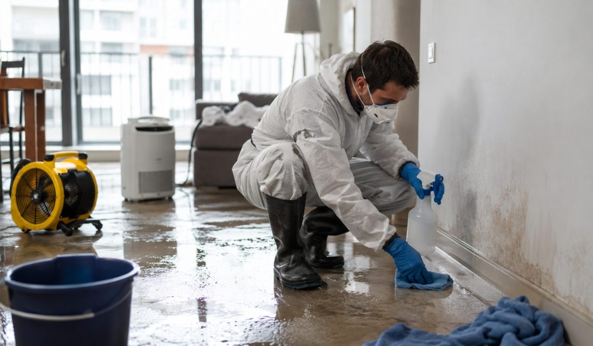 Professionnel désinfectant un logement humide après un dégât des eaux avec équipement de protection, déshumidificateur et ventilateur de séchage