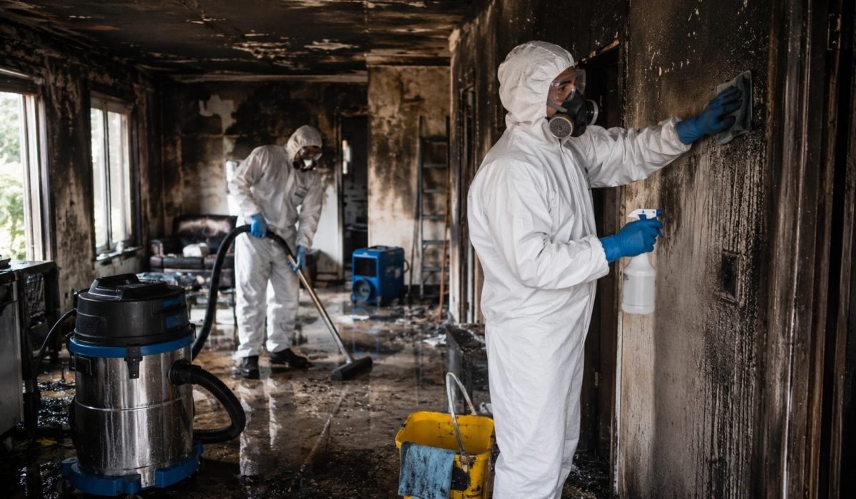 Techniciens en combinaison de protection réalisant une désinfection complète après un incendie dans une pièce noircie par la suie