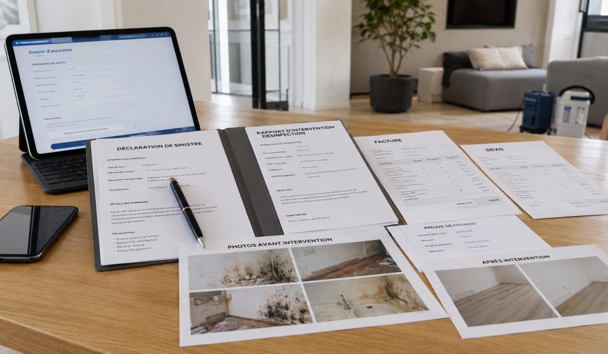 Documents à envoyer à l’assurance après une désinfection après sinistre avec facture, devis, rapport d’intervention et photos avant après.