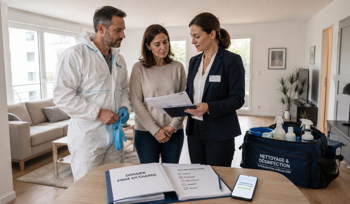 Professionnels accompagnant une cliente pour une prise en charge rapide après un nettoyage après décès dans un logement désinfecté