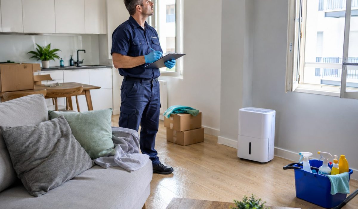 Professionnel inspectant un logement propre et ventilé après une désinfection après sinistre avec déshumidificateur et matériel de nettoyage