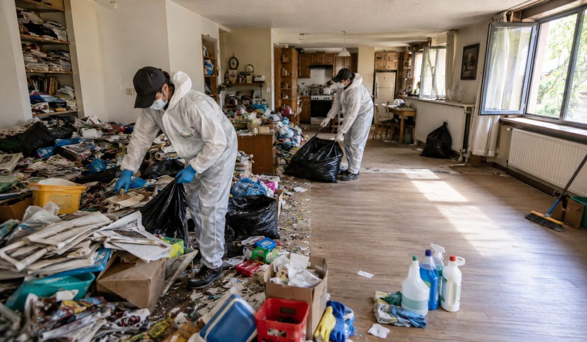 Professionnels du nettoyage en combinaison de protection remettant en état un logement encombré après un syndrome de Diogène