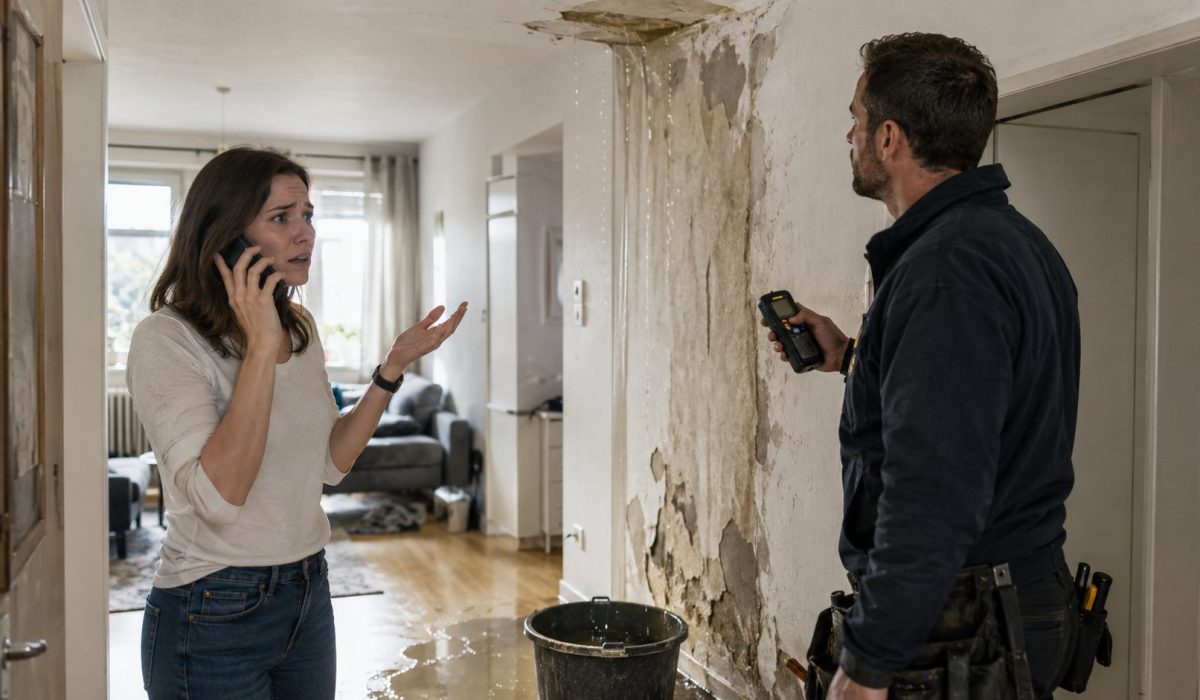 Dégât des eaux dans un logement avec une propriétaire inquiète au téléphone et un professionnel inspectant une fuite au mur
