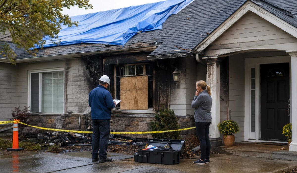 Maison endommagée par un incendie avec toiture bâchée, fenêtre condamnée et expert inspectant les lieux pour sécuriser l’habitation