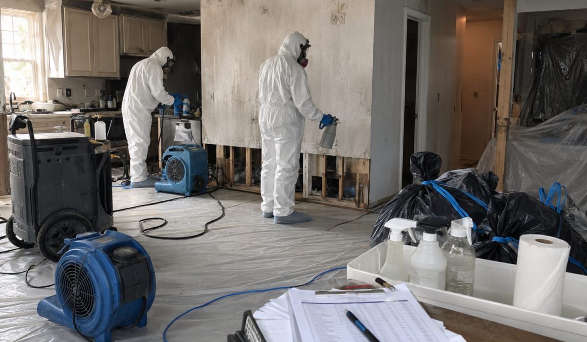 Techniciens en combinaison réalisant une désinfection après sinistre dans une maison endommagée avec matériel d’assèchement, déchets contaminés et devis au premier plan
