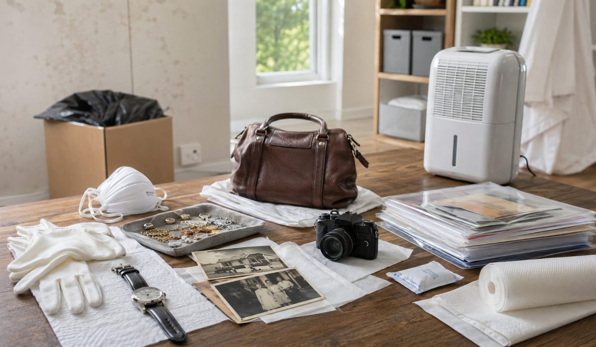 Objets de valeur protégés après des moisissures avec documents, bijoux, photos, cuir et déshumidificateur