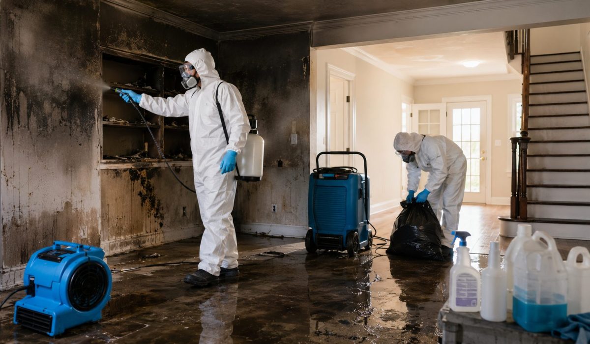 Techniciens en combinaison de protection réalisant une désinfection après sinistre dans une maison endommagée par l’eau et la fumée